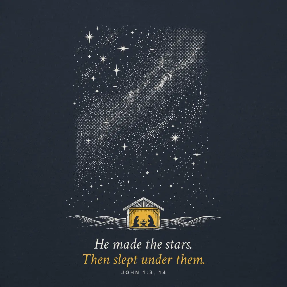 He Made The Stars Crewneck, the design up close